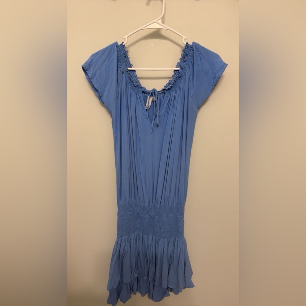 Blue Gathered Ruffled Dress